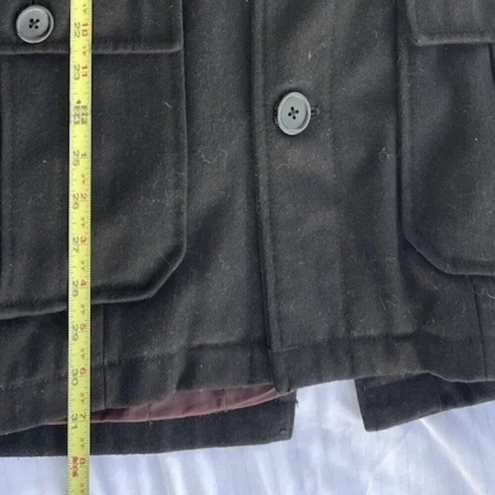 Vintage Guess Men’s Sz L Wool Long Pea Coat Black Full Zip Quilted Lining Hood